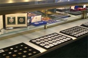 collectible coins, shop counter