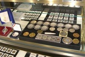 shop interior, shop displays, coins and jewelry